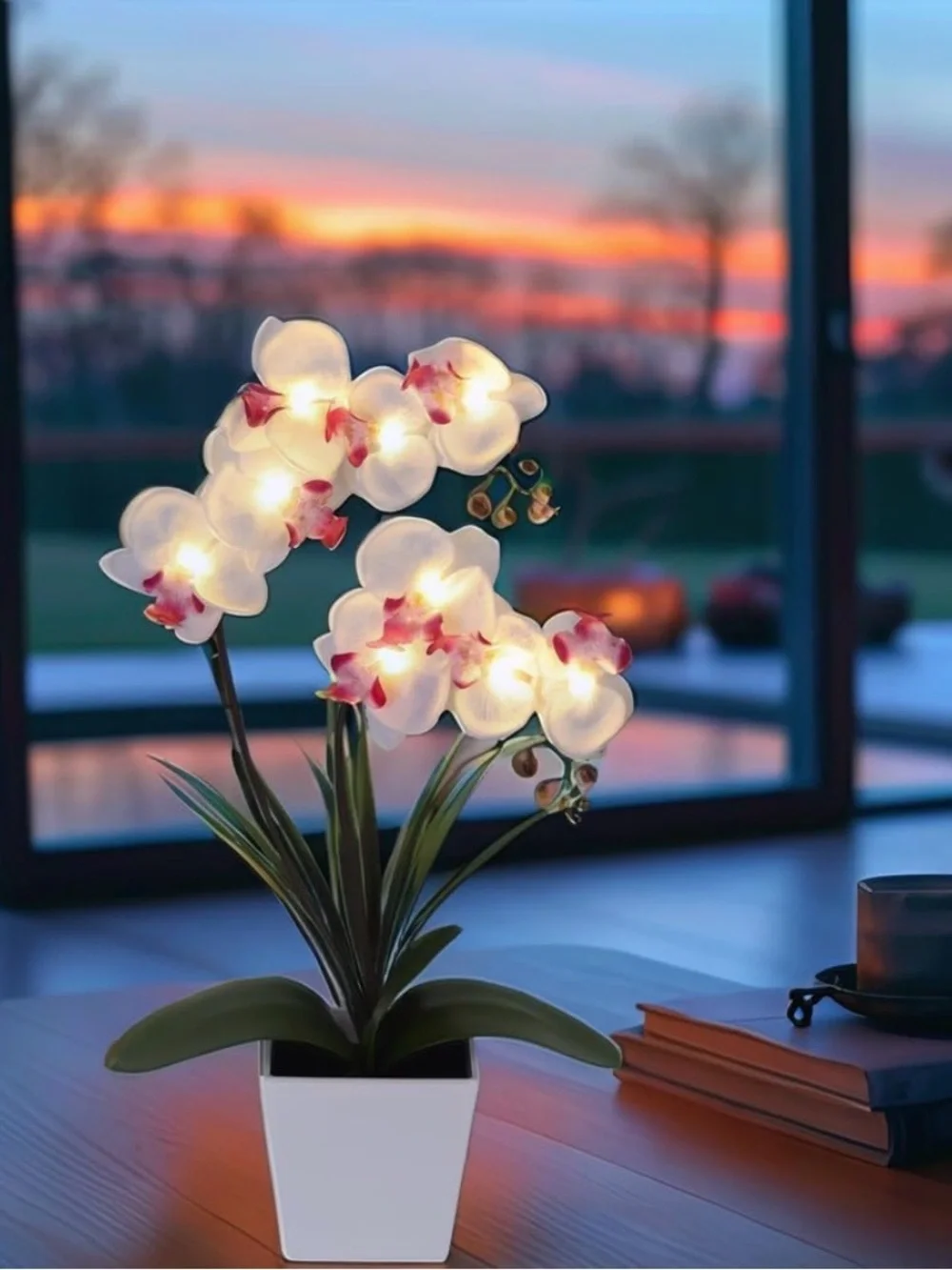 NIB White LED Faux Orchid Arrangement in White Planter 15